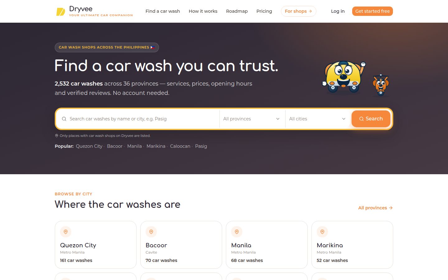 The Dryvee homepage: Find a car wash you can trust