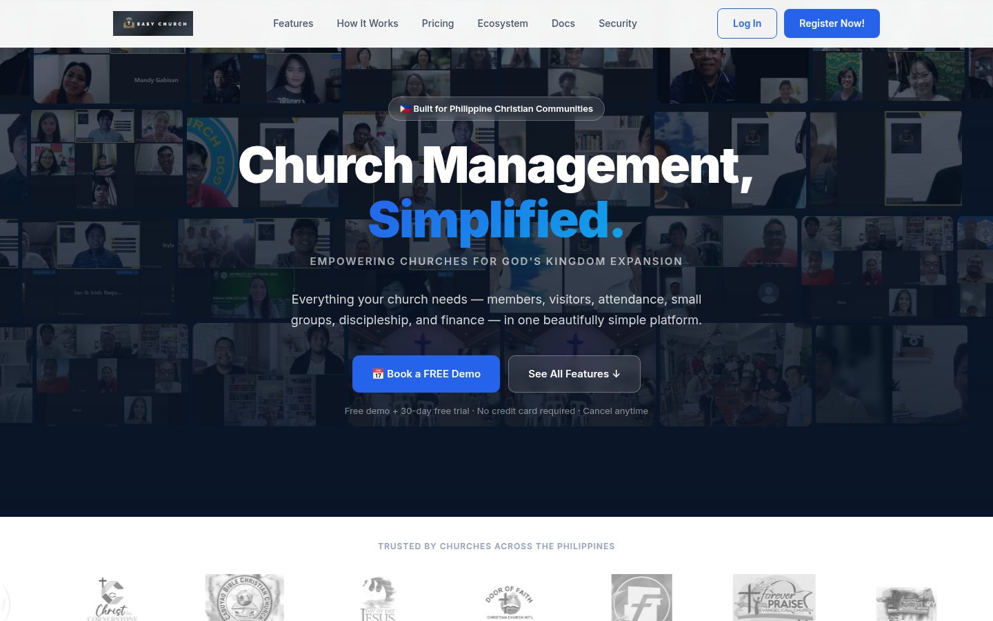 The EasyChurch homepage: Church Management, Simplified